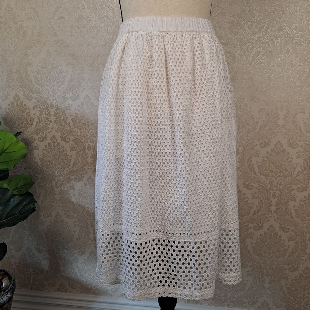 Madewell Trellis Size XS White 100% Cotton Eyelet Skirt Elastic Waist POCKETS